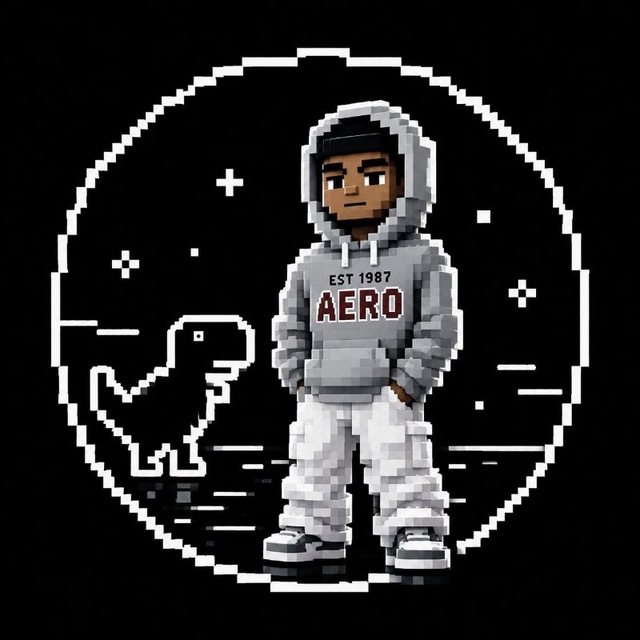 Pixel-art avatar of a hooded character in a gray hoodie and white cargo pants, standing in a white circle beside an outlined dinosaur, on a black background